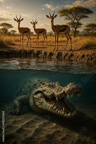Crocodile and Antelope Standoff at Riverbank – Tense Wildlife Encounter
