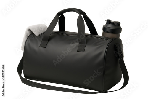 Black gym duffel bag with shoulder strap, fitness towel, and protein shaker bottle, isolated on transparent background, ideal for workouts, travel, or daily gym use