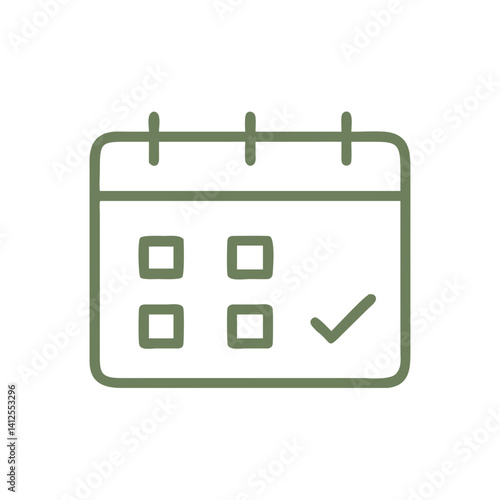 Calendar with check mark icon — hand-drawn green outline on white background, event planning and deadline concept
