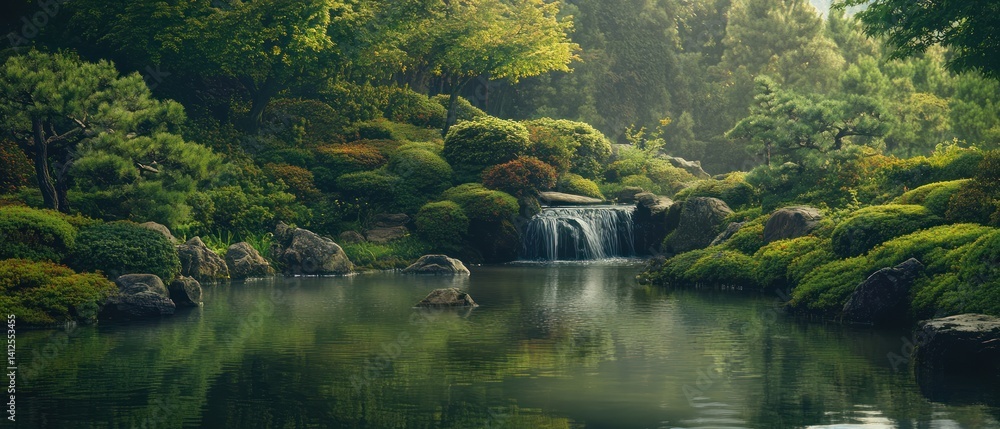 Obraz premium Serene Japanese Garden with Waterfall and Lush Greenery Reflecting in Water