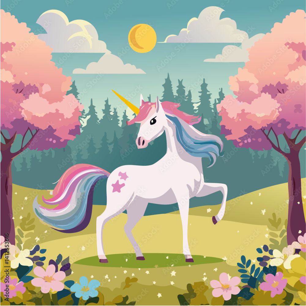 magic cartoon unicorn vector art design