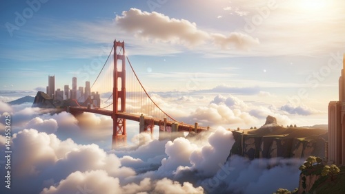 Golden Gate Bridge Above the Clouds with Cityscape and Cliffside View