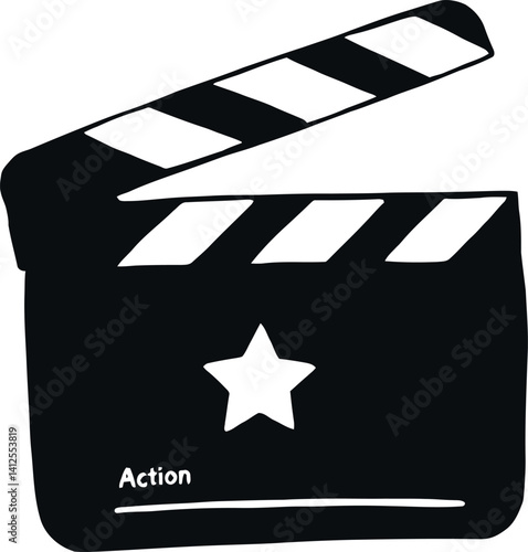 Black and White Film Clapperboard with "Action" Text – Minimalist Movie Production and Filmmaking Vector Illustration