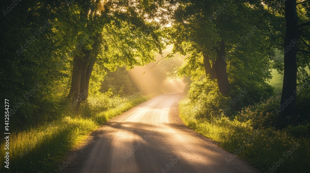 Obraz premium A sun-drenched path through a lush forest canopy creates a serene scene