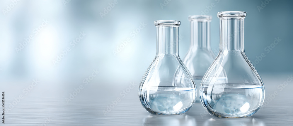 Clear glass flasks filled with water showcase beauty of chemistry in lab setting highlighting medical breakthroughs and scientific exploration Clear glass flasks filled with water showcase beauty of chemistry in lab setting highlighting medical breakthroughs and scientific exploration