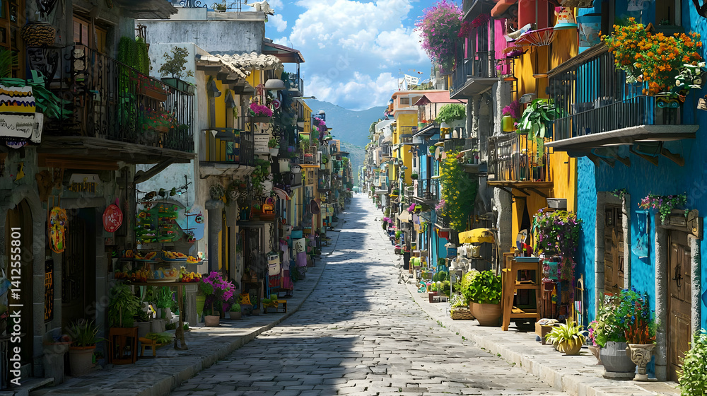 Naklejka premium Colorful Pixelated Town Street Perspective