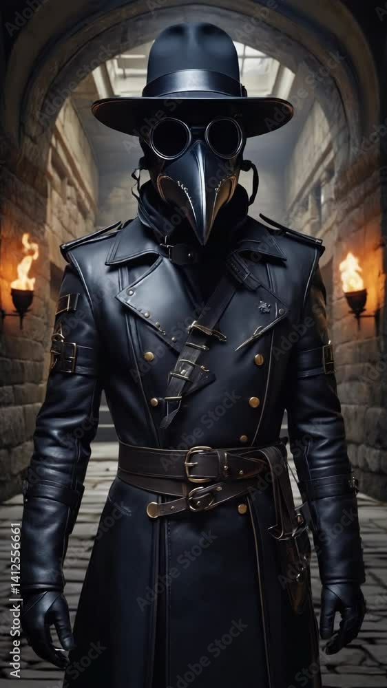 Figure in plague doctor mask and leather coat stands in a medieval stone corridor lit by torches evoking an ominous atmosphere Figure in plague doctor mask and leather coat stands in a medieval stone corridor lit by torches evoking an ominous atmosphere