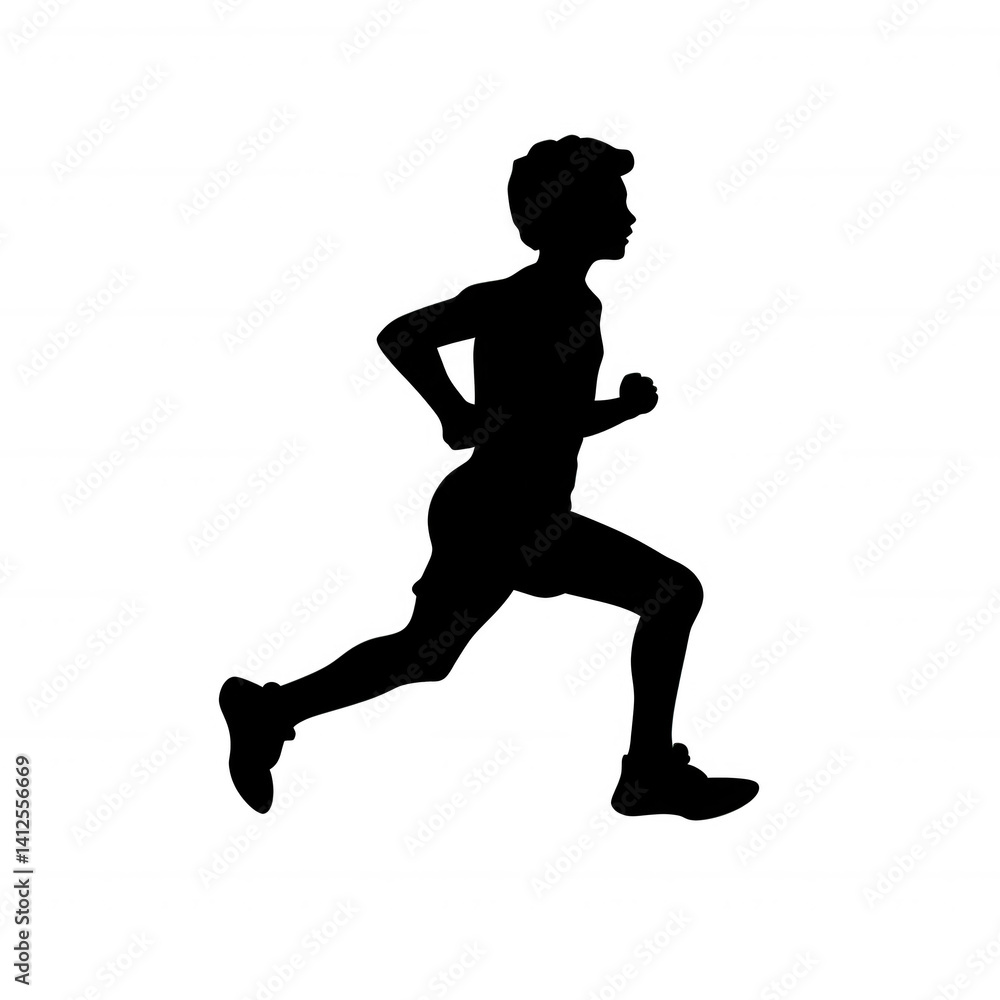 A silhouette of a runner in motion, emphasizing speed and athleticism against a white background.