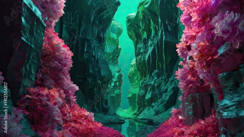Unusual, bright, and colorful spring landscape with abstract elements and a fairytale atmosphere. Perfect as a background, backdrop, or decorative texture.
