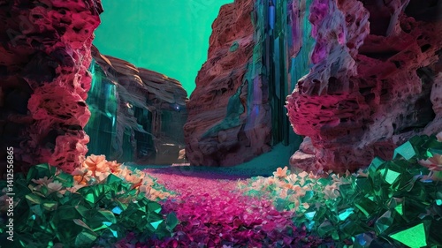 Unusual, bright, and colorful spring landscape with abstract elements and a fairytale atmosphere. Perfect as a background, backdrop, or decorative texture.