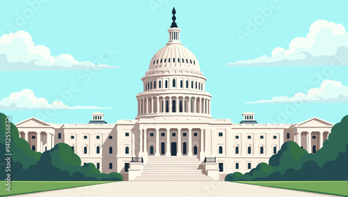 Vector illustration of the United States Capitol building in Washington, D.C., with clear skies and trees, depicted in a clean and modern flat style