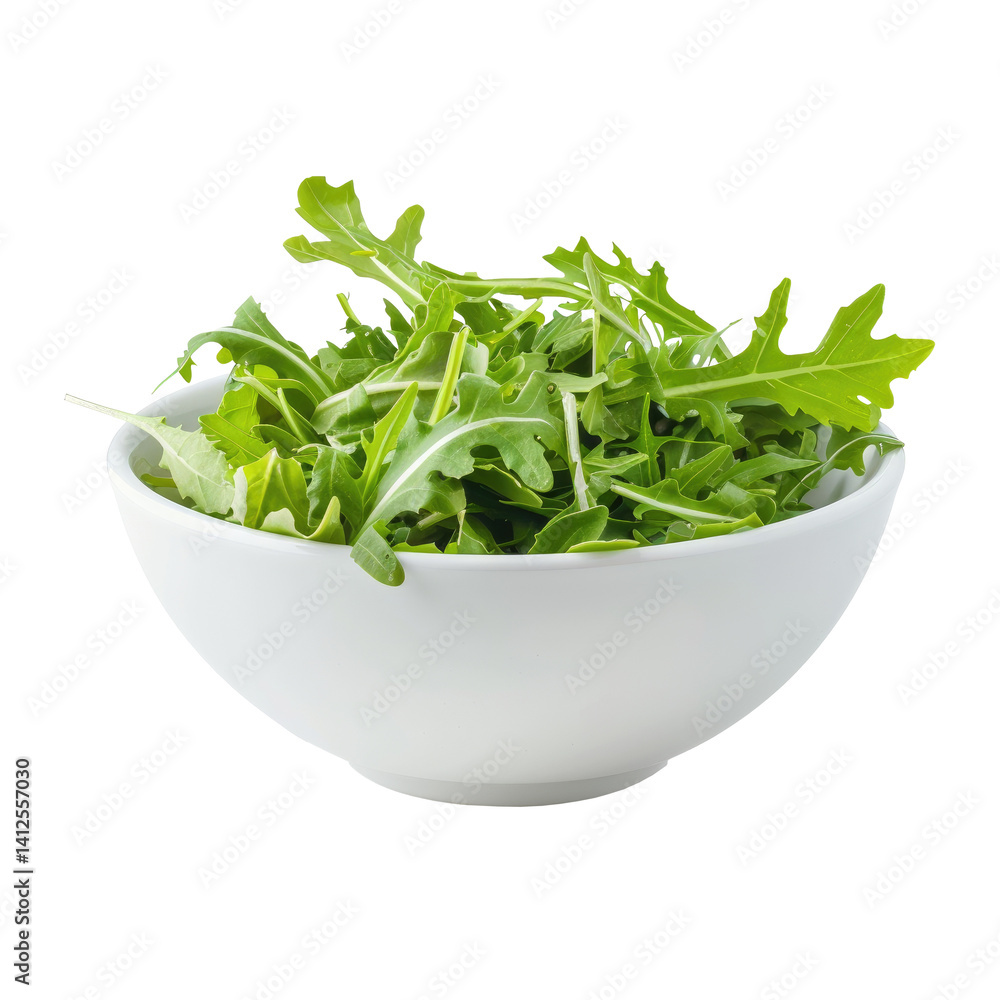 Fresh arugula in a white bowl ready for salad preparation in a kitchen setting Fresh arugula in a white bowl ready for salad preparation in a kitchen setting
