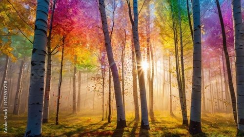 Unusual, bright, and colorful spring landscape with abstract elements and a fairytale atmosphere. Perfect as a background, backdrop, or decorative texture.