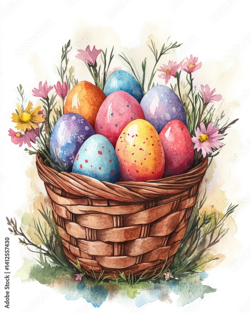 Cute watercolor illustration of a basket filled with colorful Paska eggs, surrounded by spring flowers, soft pastel tones Cute watercolor illustration of a basket filled with colorful Paska eggs, surrounded by spring flowers, soft pastel tones