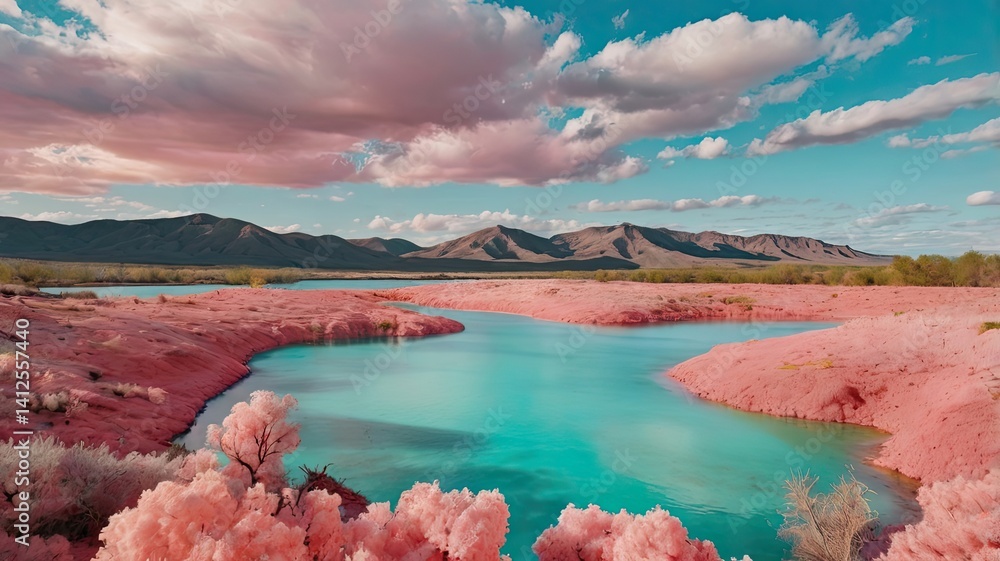 Unusual, bright, and colorful spring landscape with abstract elements and a fairytale atmosphere. Perfect as a background, backdrop, or decorative texture.