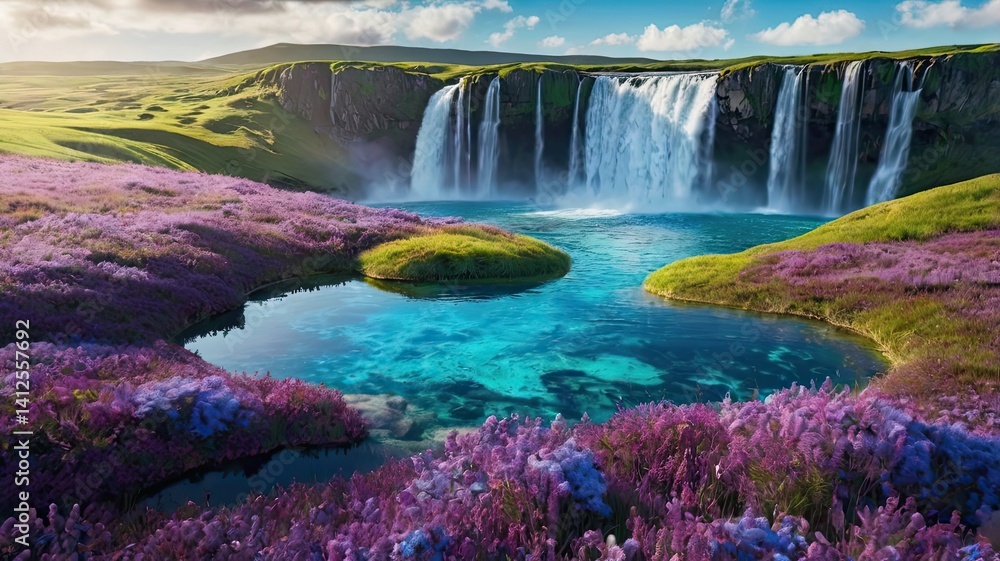 Unusual, bright, and colorful spring landscape with abstract elements and a fairytale atmosphere. Perfect as a background, backdrop, or decorative texture.