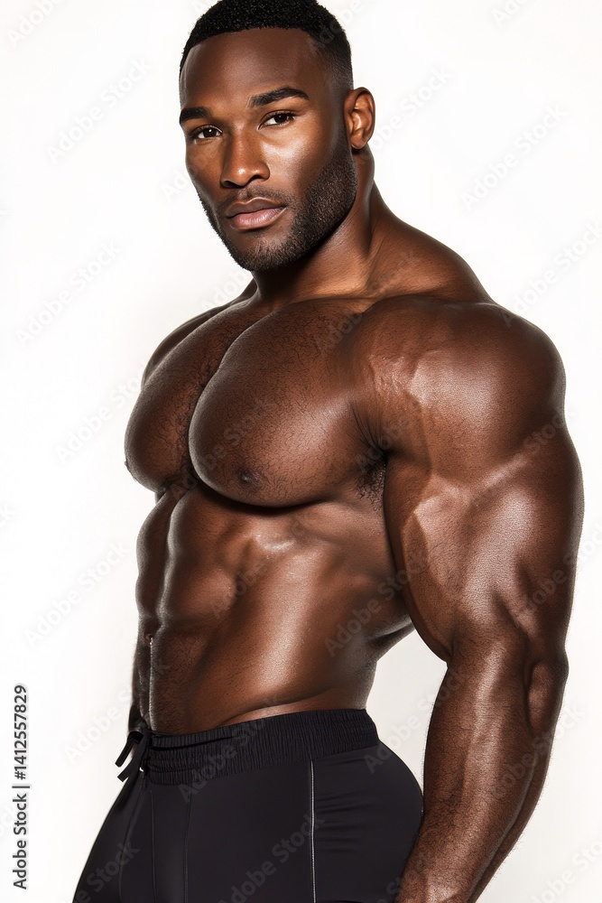 A muscular black male model strikes a pose in a studio setting