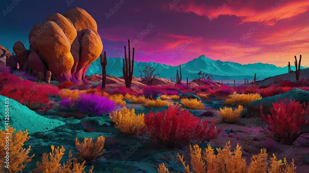 Bright and unusual spring landscape with fantastic colors, blooming fields, abstract shapes, and a fairytale atmosphere — perfect as a background or backdrop.