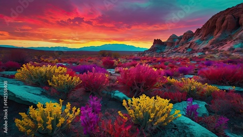 Bright and unusual spring landscape with fantastic colors, blooming fields, abstract shapes, and a fairytale atmosphere — perfect as a background or backdrop.