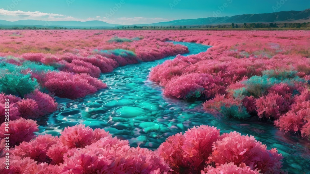 Bright and unusual spring landscape with fantastic colors, blooming fields, abstract shapes, and a fairytale atmosphere — perfect as a background or backdrop.