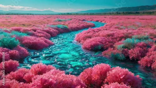 Obraz na płótnie Bright and unusual spring landscape with fantastic colors, blooming fields, abstract shapes, and a fairytale atmosphere — perfect as a background or backdrop. w salonie