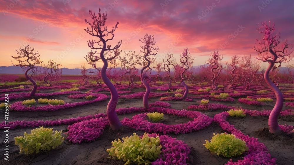 Bright and unusual spring landscape with fantastic colors, blooming fields, abstract shapes, and a fairytale atmosphere — perfect as a background or backdrop.