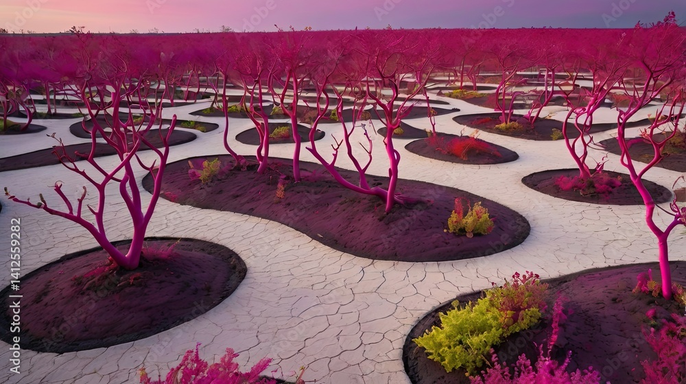 Bright and unusual spring landscape with fantastic colors, blooming fields, abstract shapes, and a fairytale atmosphere — perfect as a background or backdrop.