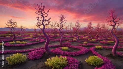 Obraz na płótnie Bright and unusual spring landscape with fantastic colors, blooming fields, abstract shapes, and a fairytale atmosphere — perfect as a background or backdrop. w salonie