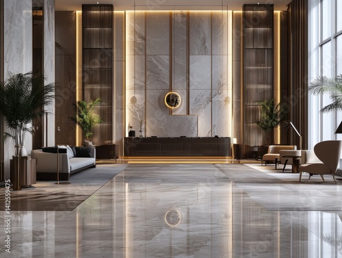 Opulent Lobby Interior: A meticulously designed hotel lobby, featuring sleek lines, elegant marble finishes, and ambient lighting.