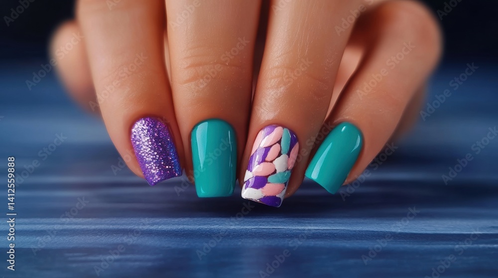 Bright turquoise, purple sparkle, and intricate nail art decorate nails, showcasing creativity and skill in nail design at a beauty salon