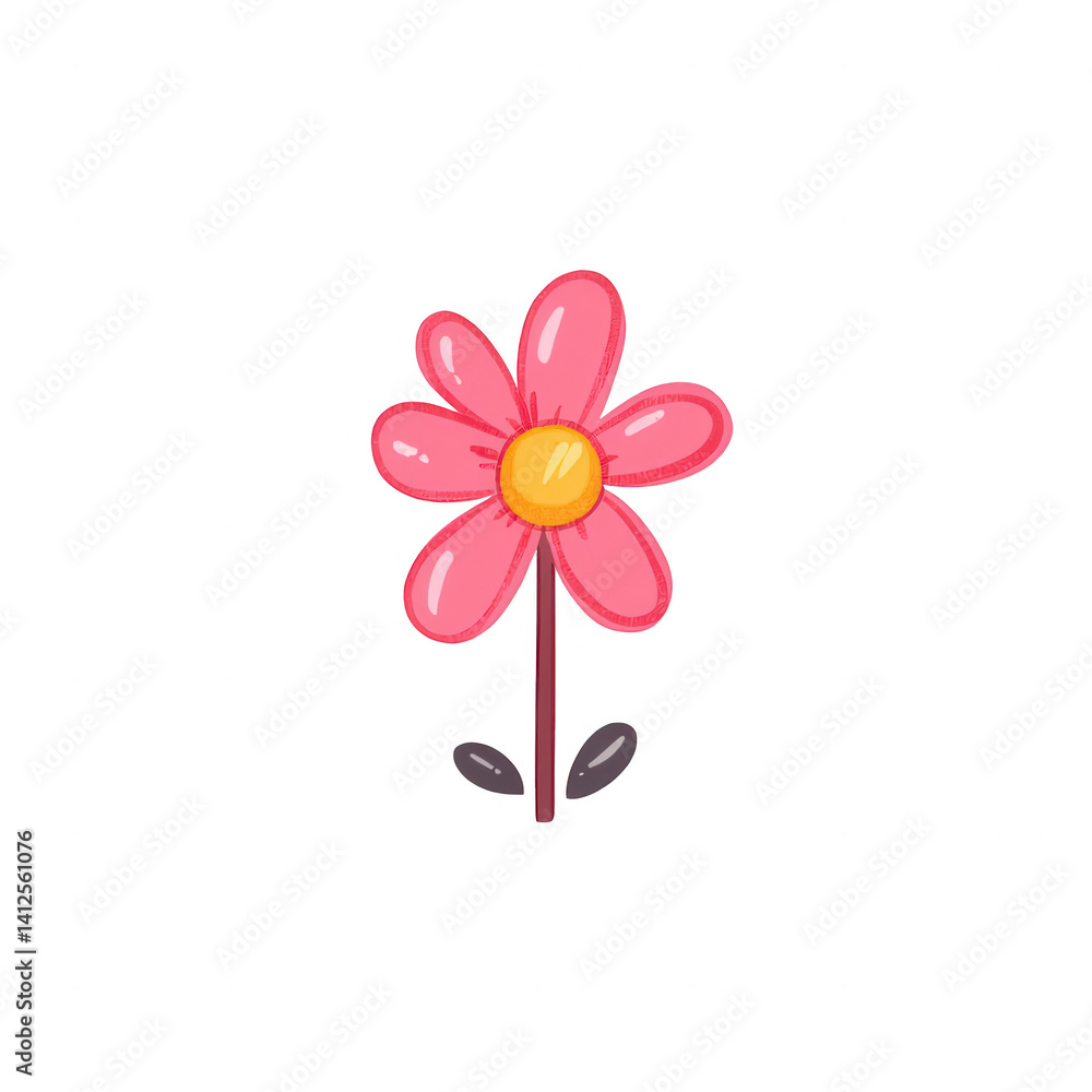 Obraz premium A vibrant pink flower with a yellow center and green leaves, set against a white background, perfect for elegant designs and cheerful themes.