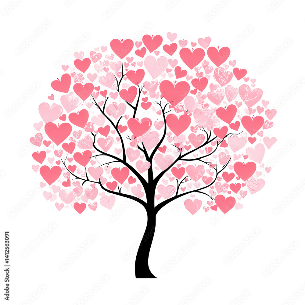 Fototapeta premium A whimsical tree design featuring pink hearts as leaves, perfect for romantic themes or celebrations. Isolated on a white background for a clean presentation.
