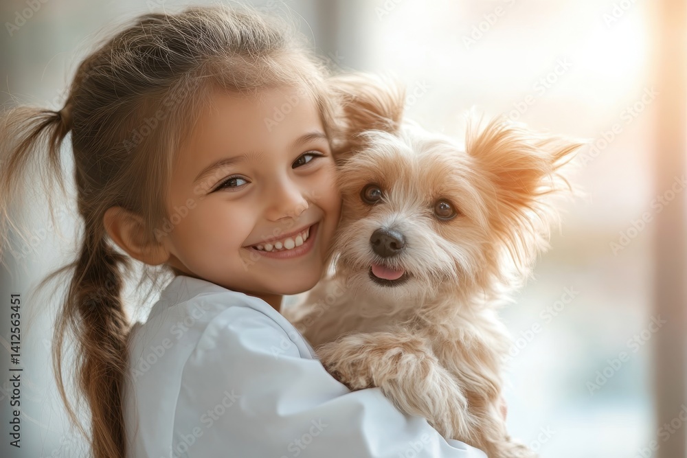 A young girl happily embraces her small dog indoors during a sunny afternoon A young girl happily embraces her small dog indoors during a sunny afternoon