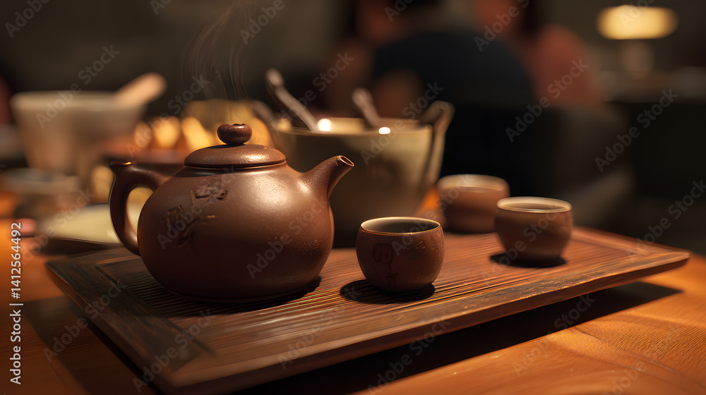 Authentic Dim Sum and Tea Service Featuring Teapot and Serving Tray with Tea Accessories in a Cozy Setting Authentic Dim Sum and Tea Service Featuring Teapot and Serving Tray with Tea Accessories in a Cozy Setting