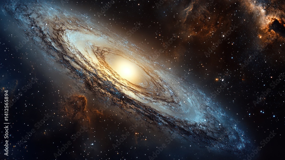 Fototapeta premium Spectacular Spiral Galaxy with Bright Core and Star Clusters in Deep Space