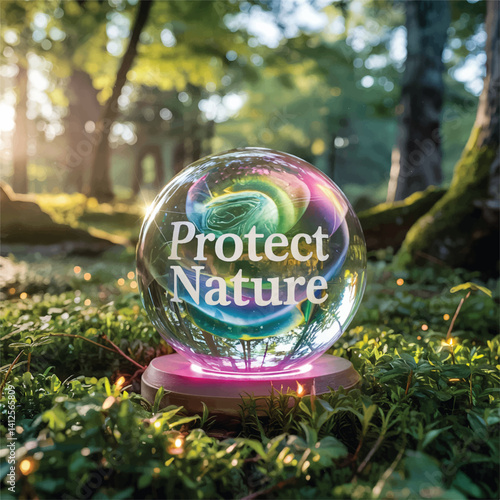 Environmental concept - Crystal globe on green moss in forest to protect nature. Eco-friendly esg conservation care for the earth for sustainability keep the earth clean and ecology. Earth Day