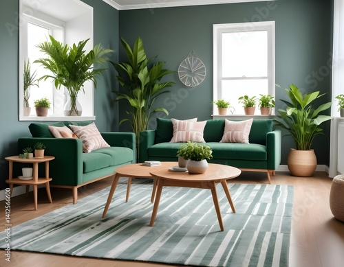 Stylish living room interior of a modern apartment with green sofa, wooden table with vase of flowers, striped carpet and house plants. Home decor.