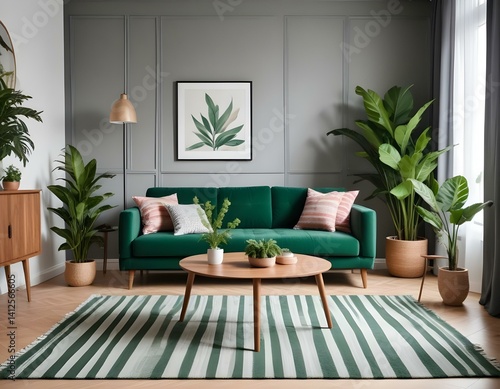 Stylish living room interior of a modern apartment with green sofa, wooden table with vase of flowers, striped carpet and house plants. Home decor.