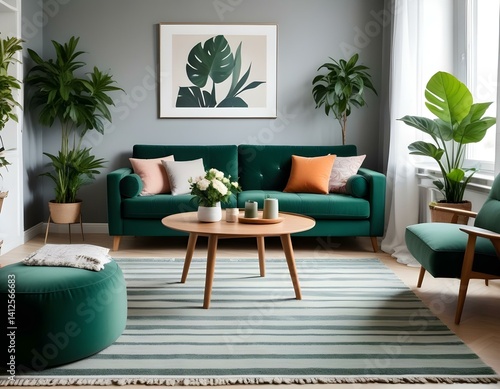Stylish living room interior of a modern apartment with green sofa, wooden table with vase of flowers, striped carpet and house plants. Home decor.