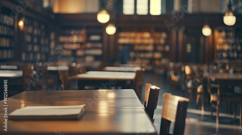 A blurry image of a library with many tables and chairs. Scene is calm and peaceful, as it is a place for people to read and study