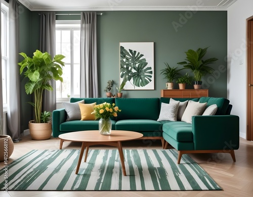Stylish living room interior of a modern apartment with green sofa, wooden table with vase of flowers, striped carpet and house plants. Home decor.