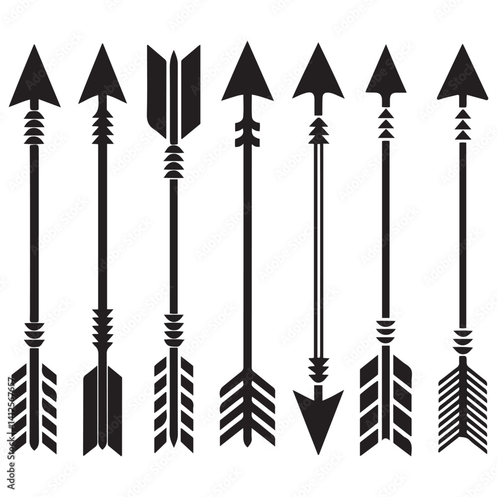 Hipster arrows. Arrows in boho style. Tribal arrows. Set of Indian style arrows. Rustic decorative arrows. Vector Black silhouettes. with white background Hipster arrows. Arrows in boho style. Tribal arrows. Set of Indian style arrows. Rustic decorative arrows. Vector Black silhouettes. with white background