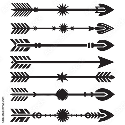 Hipster arrows. Arrows in boho style. Tribal arrows. Set of Indian style arrows. Rustic decorative arrows. Vector Black silhouettes. with white background