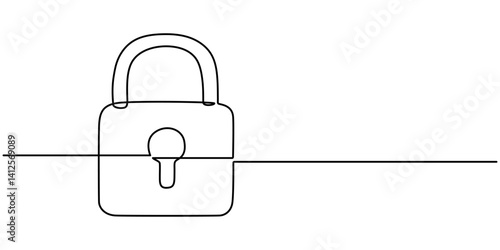 A continuous line art illustration of a minimalist, modern padlock design, Continuous one line drawing of metal padlock. Padlock security sign symbol vector illustration, One continuous line drawing.