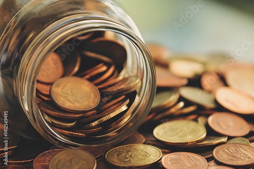 Coins spill from a glass jar onto a surface creating a money pile.