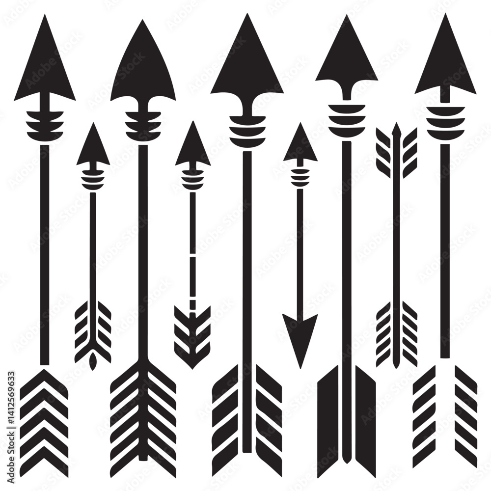 Hipster arrows. Arrows in boho style. Tribal arrows. Set of Indian style arrows. Rustic decorative arrows. Vector Black silhouettes. with white background Hipster arrows. Arrows in boho style. Tribal arrows. Set of Indian style arrows. Rustic decorative arrows. Vector Black silhouettes. with white background