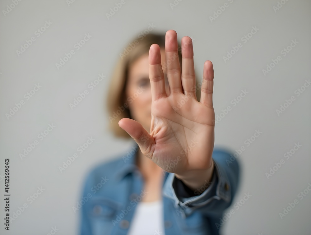 Naklejka premium Stop Hand Gesture - Mature Woman in Denim Shirt and White Top Against Neutral Background