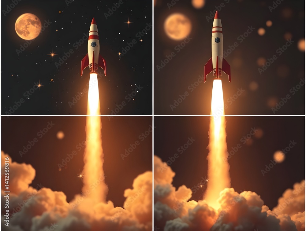 Fototapeta premium Retro Rocket Launch Sequence – Four-Panel High-Resolution Photo with Cosmic Background