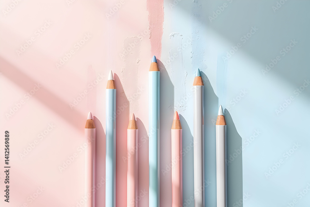 Obraz premium Pastel Colored Pencils Arranged on a Two-Toned Canvas Surface, Perfect for Creative Projects and Artistic Presentations in Soft Pink and Blue Tones