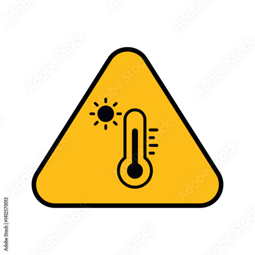 High Temperature Warning Sign Solid Flat Vector Design. Hot Thermometer with Sun on Yellow Geometric Triangle Danger Symbol.	